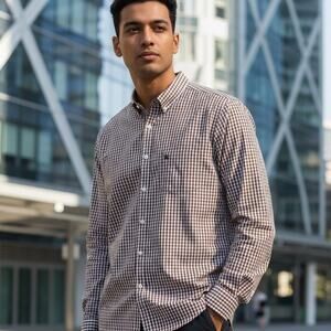 Burberry Brit Plaid Button Shirt Mens XL Brown White Gingham Designer Old Money